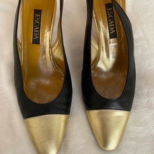 Escada sling back Chanel style. Gold tip and black